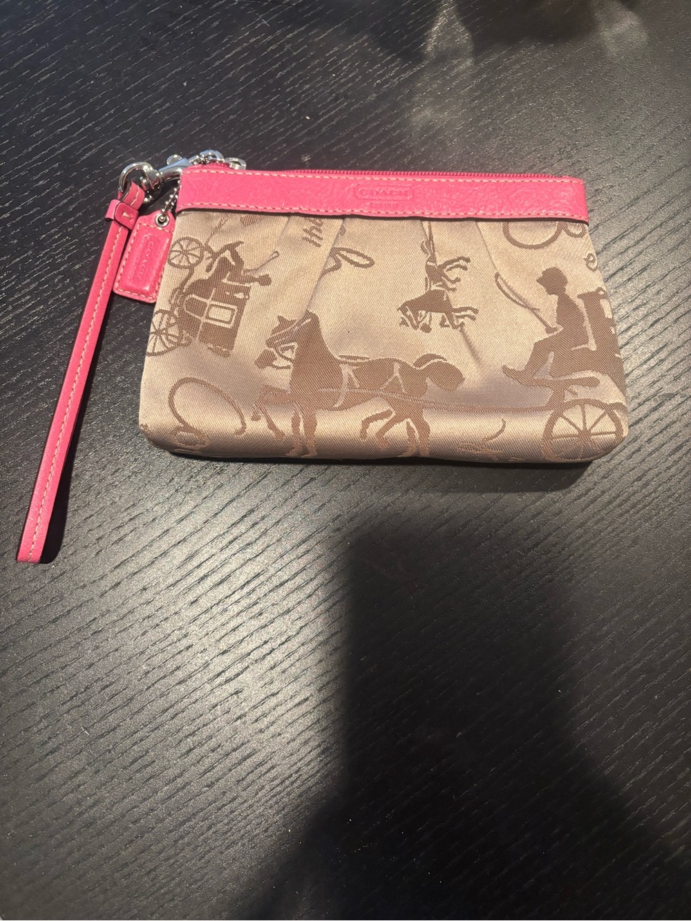 Coach Brown Signature Canvas Wristlet with Pink Trim